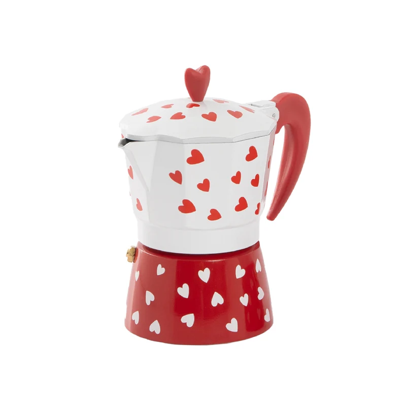 Caffettiera Moka Caffè 3 Tazze in Alluminio Bianca e Rossa con Cuori Il Gruppone