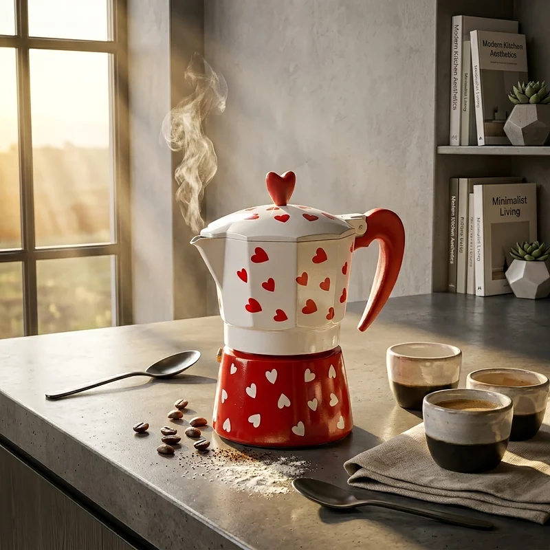Caffettiera Moka Caffè 3 Tazze in Alluminio Bianca e Rossa con Cuori Il Gruppone