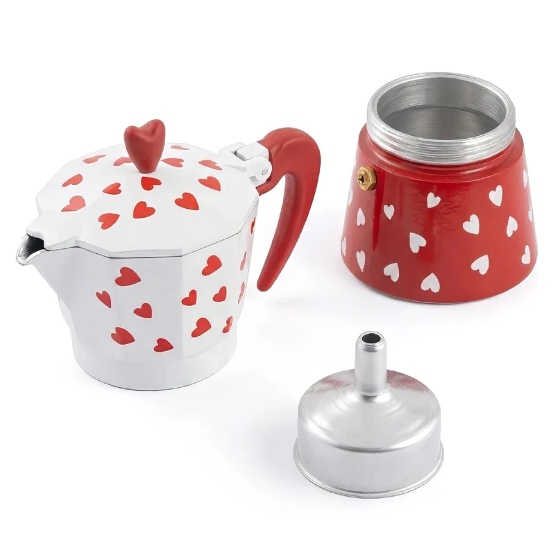 Caffettiera Moka Caffè 3 Tazze in Alluminio Bianca e Rossa con Cuori Il Gruppone