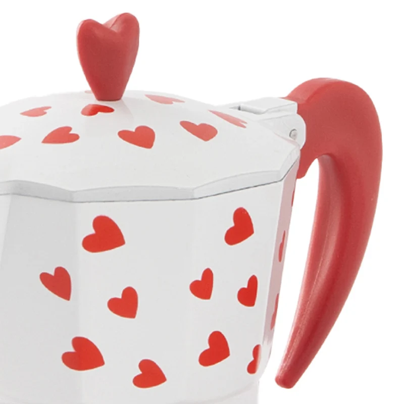 Caffettiera Moka Caffè 3 Tazze in Alluminio Bianca e Rossa con Cuori Il Gruppone