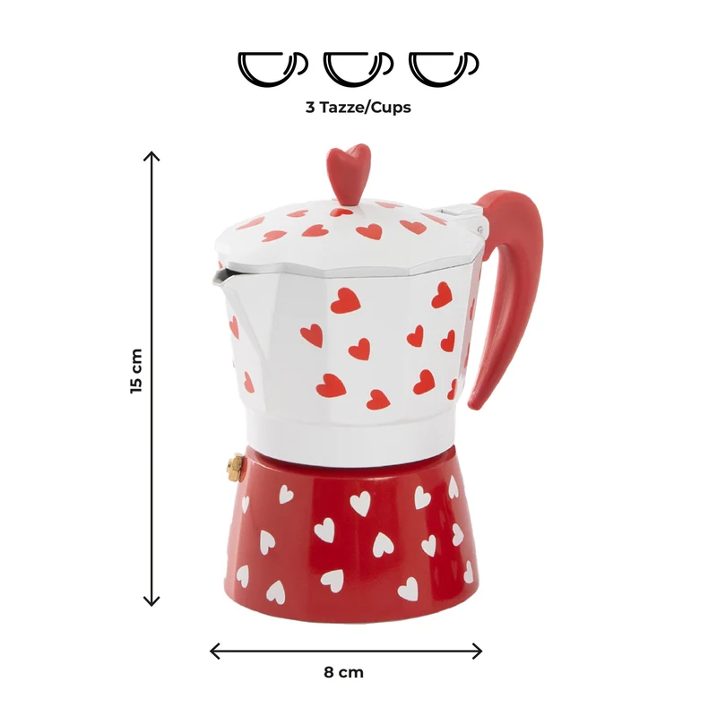 Caffettiera Moka Caffè 3 Tazze in Alluminio Bianca e Rossa con Cuori Il Gruppone