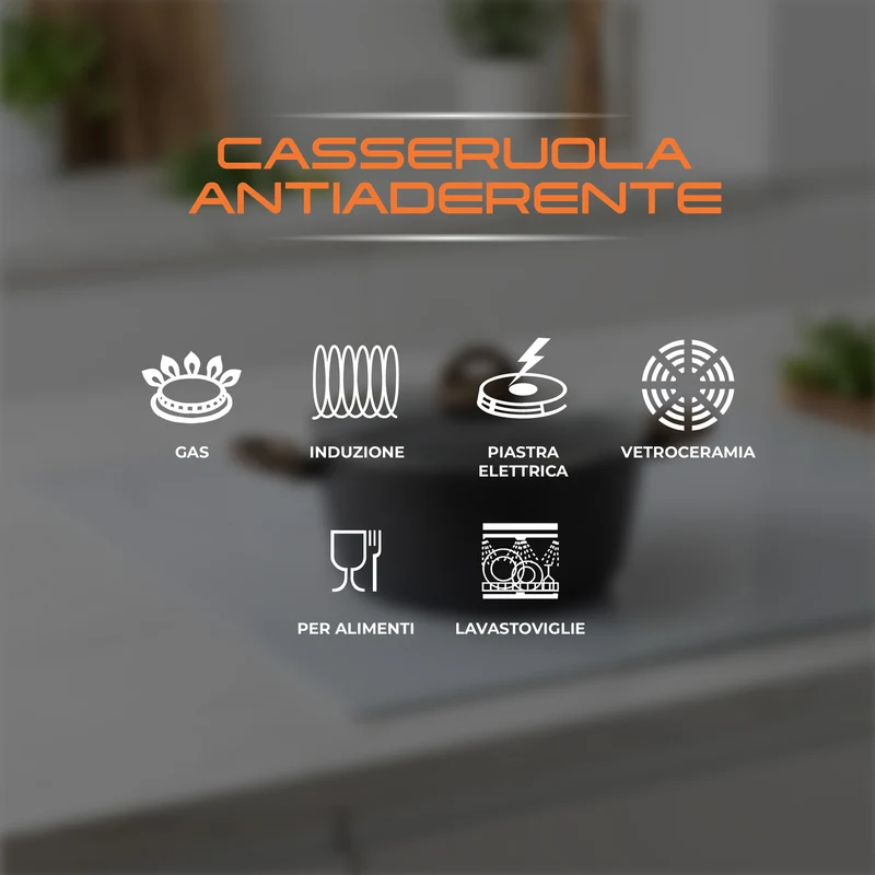 Casseruola Antiaderente con Coperchio in Vetro per Induzione 20 24 28 cm