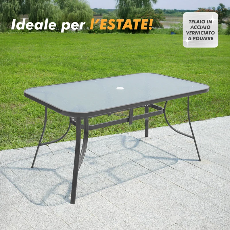 Tavolo da Giardino 6 Posti con Piano in Vetro Temperato e Foro Ombrellone 150×90 cm Il Gruppone