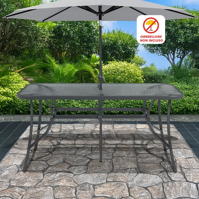 Tavolo da Giardino 6 Posti con Piano in Vetro Temperato e Foro Ombrellone 150×90 cm Il Gruppone