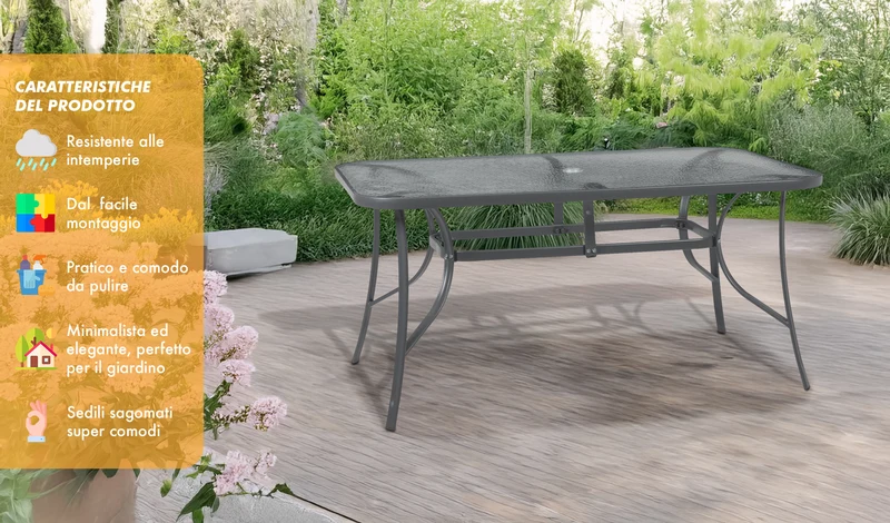 Tavolo da Giardino 6 Posti con Piano in Vetro Temperato e Foro Ombrellone 150×90 cm Il Gruppone