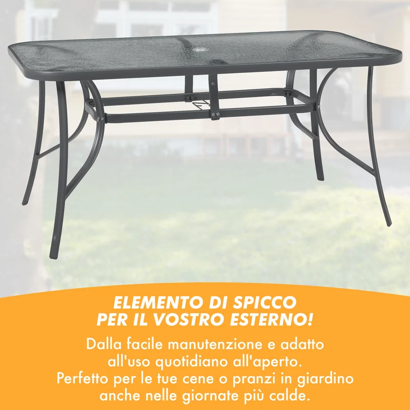Tavolo da Giardino 6 Posti con Piano in Vetro Temperato e Foro Ombrellone 150×90 cm Il Gruppone