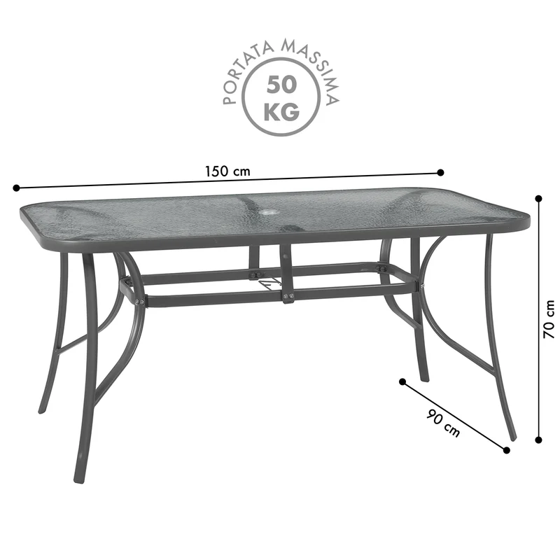 Tavolo da Giardino 6 Posti con Piano in Vetro Temperato e Foro Ombrellone 150×90 cm Il Gruppone