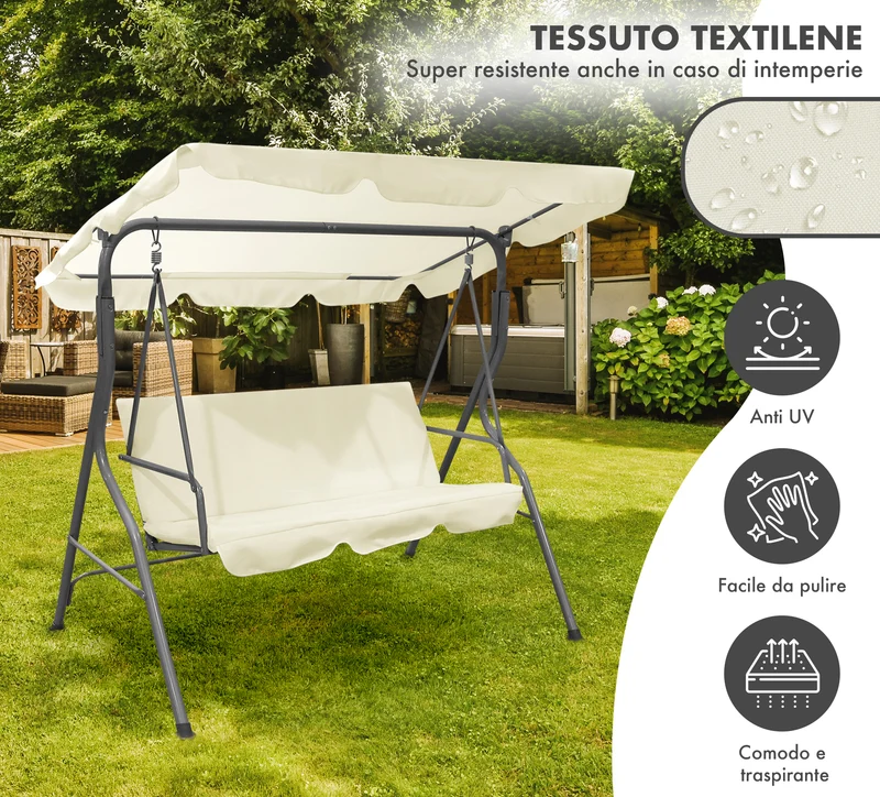 Dondolo da Giardino 3 Posti con Tetto Parasole Regolabile Reclinabile Impermeabile Il Gruppone