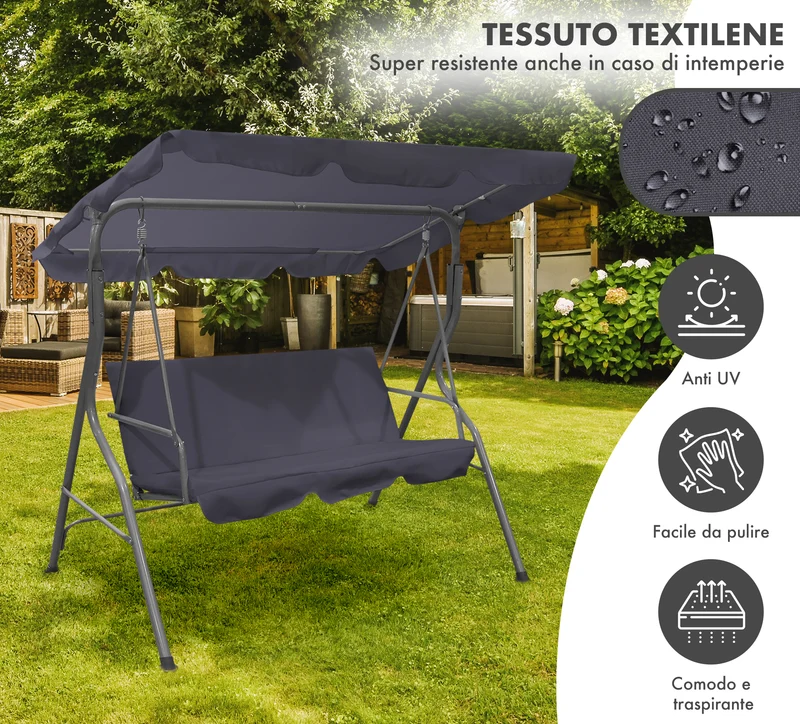 Dondolo da Giardino 3 Posti con Tetto Parasole Regolabile Reclinabile Impermeabile Il Gruppone