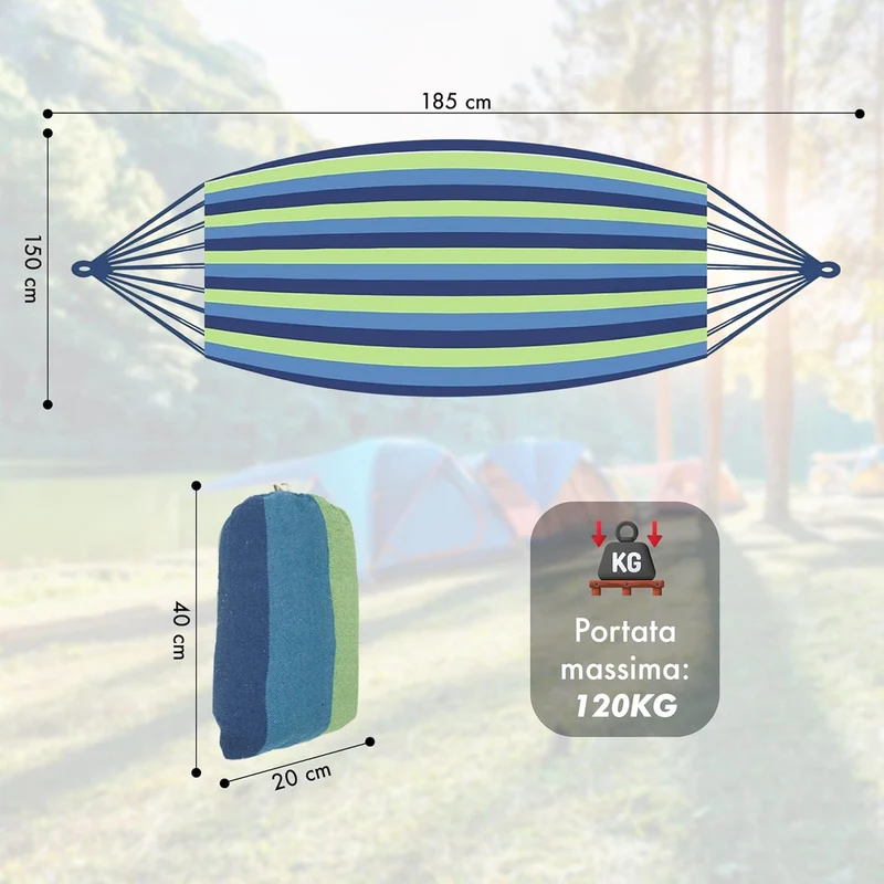 Amaca da Giardino e Campeggio in Tela 150×180 cm Cotone Rinforzato 280 gsm con Sacchetto Multicolore Il Gruppone