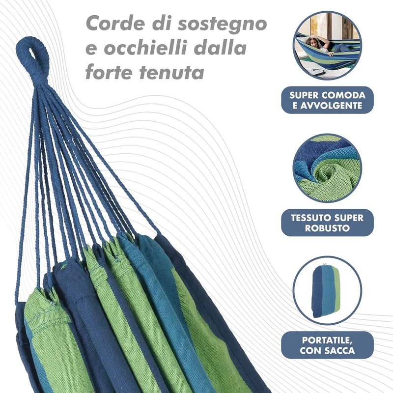 Amaca da Giardino e Campeggio in Tela 150×180 cm Cotone Rinforzato 280 gsm con Sacchetto Multicolore Il Gruppone