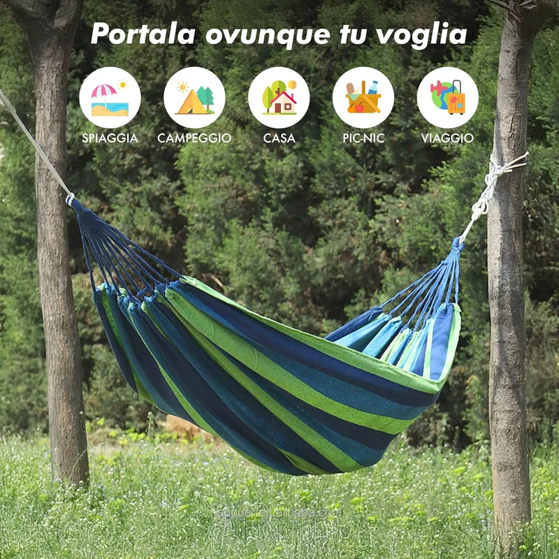 Amaca da Giardino e Campeggio in Tela 150×180 cm Cotone Rinforzato 280 gsm con Sacchetto Multicolore Il Gruppone