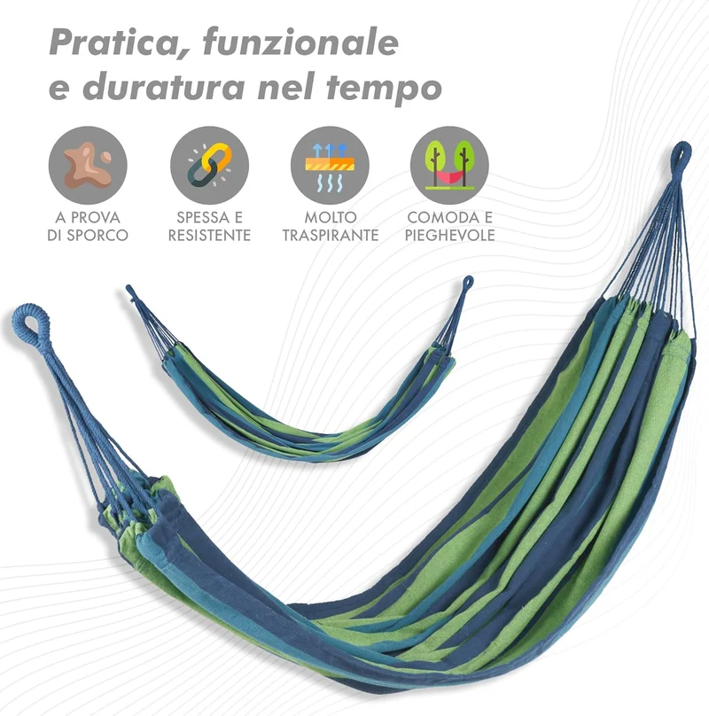 Amaca da Giardino e Campeggio in Tela 150×180 cm Cotone Rinforzato 280 gsm con Sacchetto Multicolore Il Gruppone