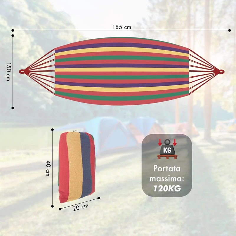 Amaca da Giardino e Campeggio in Tela 150×180 cm Cotone Rinforzato 280 gsm con Sacchetto Multicolore Il Gruppone