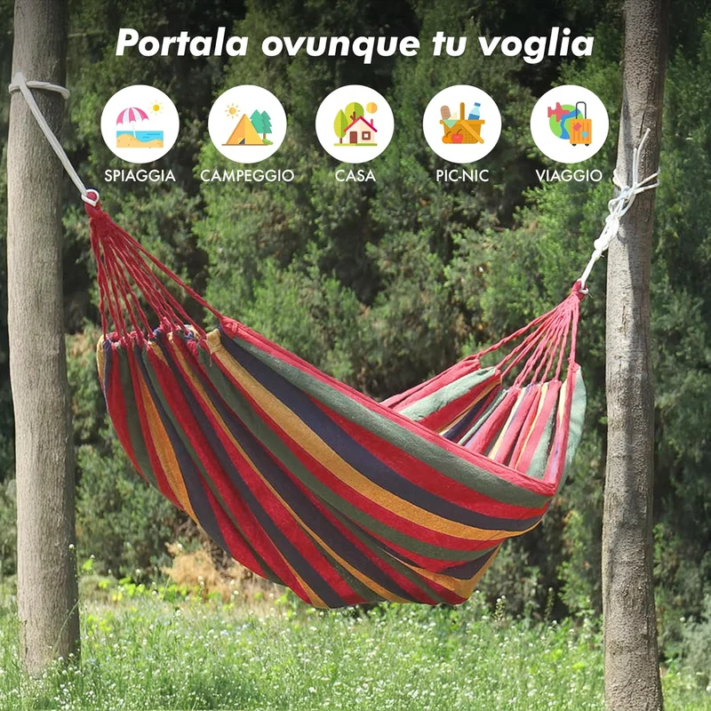 Amaca da Giardino e Campeggio in Tela 150×180 cm Cotone Rinforzato 280 gsm con Sacchetto Multicolore Il Gruppone