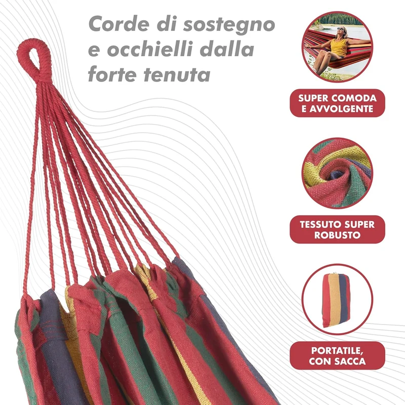 Amaca da Giardino e Campeggio in Tela 150×180 cm Cotone Rinforzato 280 gsm con Sacchetto Multicolore Il Gruppone