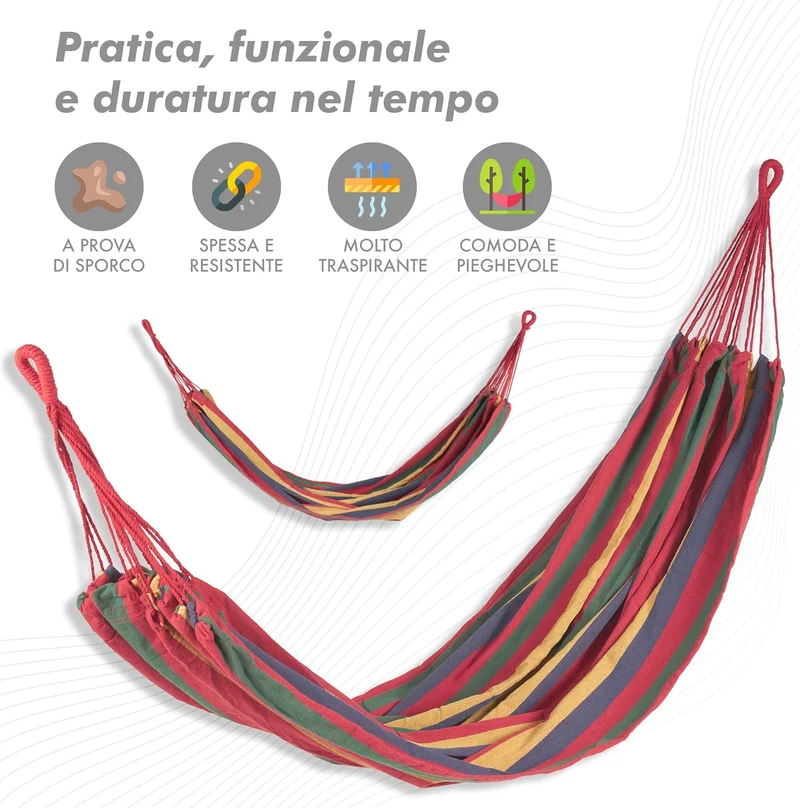 Amaca da Giardino e Campeggio in Tela 150×180 cm Cotone Rinforzato 280 gsm con Sacchetto Multicolore Il Gruppone