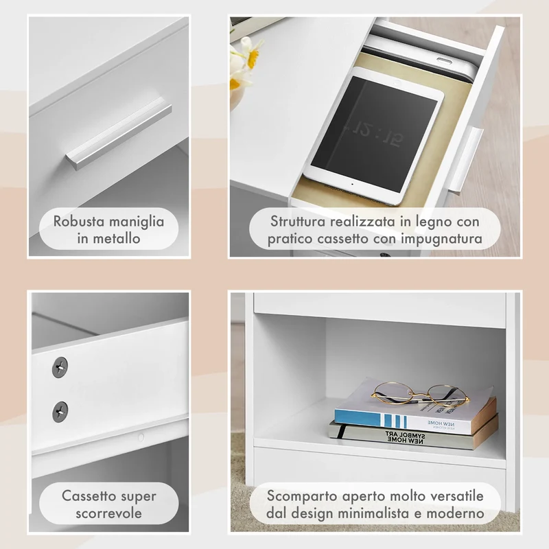 Comodino Moderno Cassetto Con Maniglia E Scomparto Aperto Camera Da Letto Portalibri Oggetti Mensola Libreria