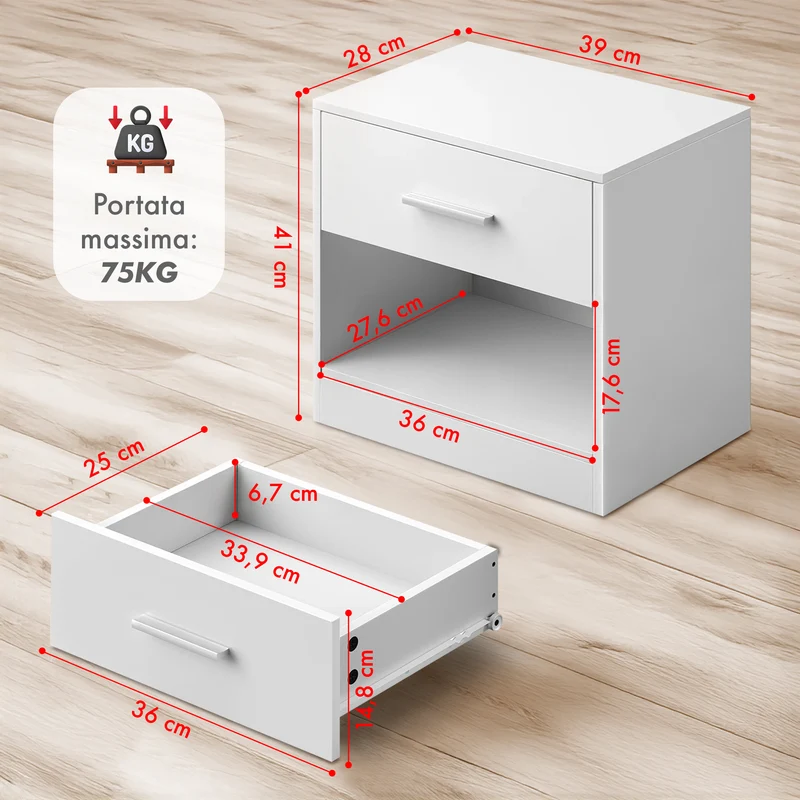 Comodino Moderno Cassetto Con Maniglia E Scomparto Aperto Camera Da Letto Portalibri Oggetti Mensola Libreria