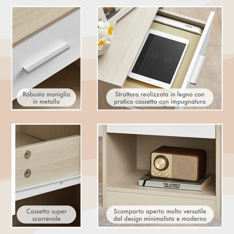 Comodino Moderno Cassetto Con Maniglia E Scomparto Aperto Camera Da Letto Portalibri Oggetti Mensola Libreria
