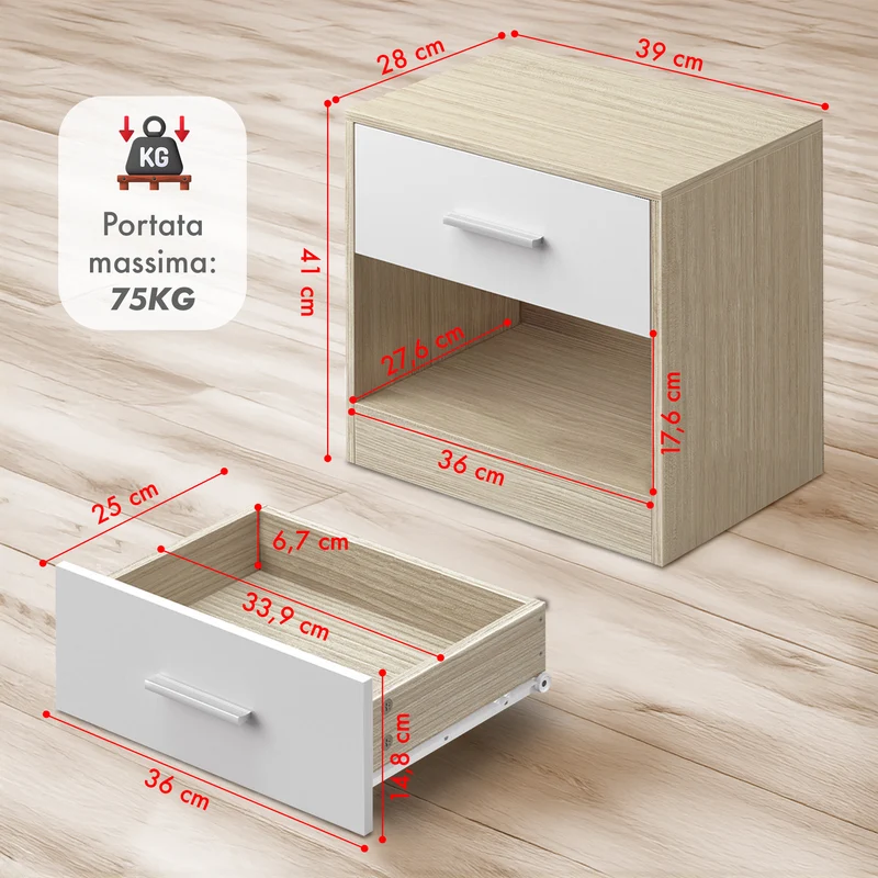 Comodino Moderno Cassetto Con Maniglia E Scomparto Aperto Camera Da Letto Portalibri Oggetti Mensola Libreria