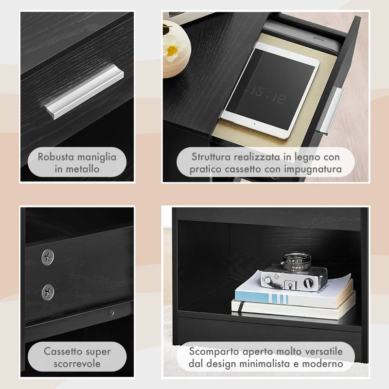 Comodino Moderno Cassetto Con Maniglia E Scomparto Aperto Camera Da Letto Portalibri Oggetti Mensola Libreria