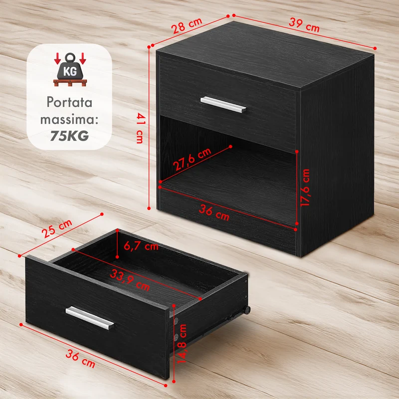 Comodino Moderno Cassetto Con Maniglia E Scomparto Aperto Camera Da Letto Portalibri Oggetti Mensola Libreria