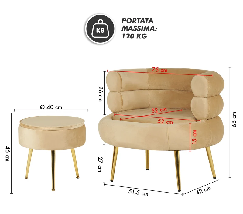 Poltrona Camera da Letto e Salotto in Velluto con Poggiapiedi Contenitore Il Gruppone