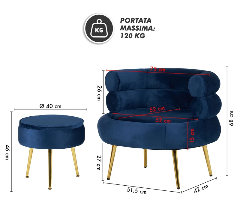 Poltrona Camera da Letto e Salotto in Velluto con Poggiapiedi Contenitore Il Gruppone