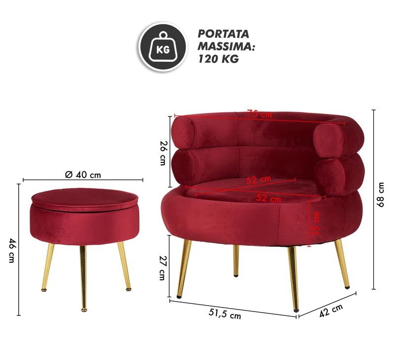 Poltrona Camera da Letto e Salotto in Velluto con Poggiapiedi Contenitore Il Gruppone