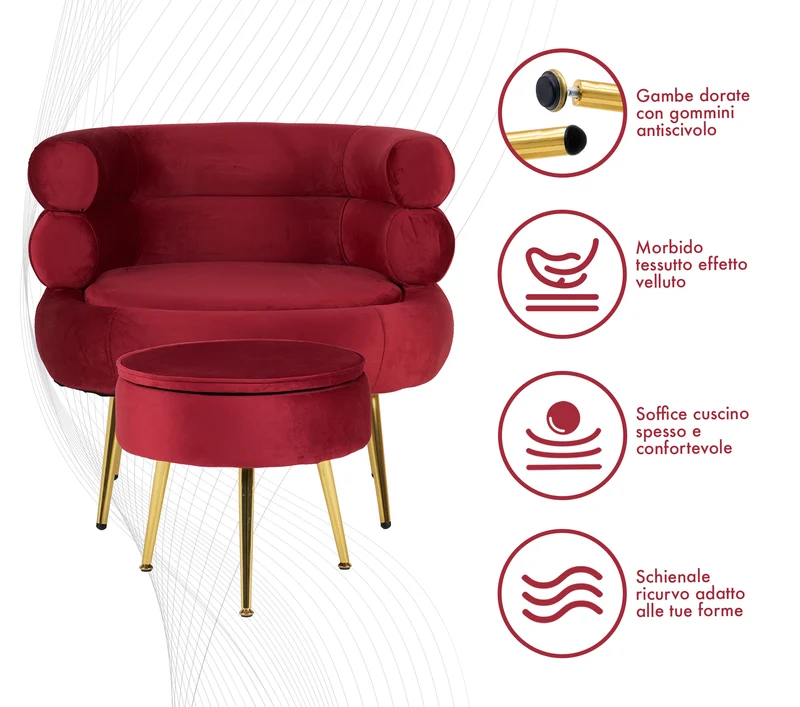 Poltrona Camera da Letto e Salotto in Velluto con Poggiapiedi Contenitore Il Gruppone