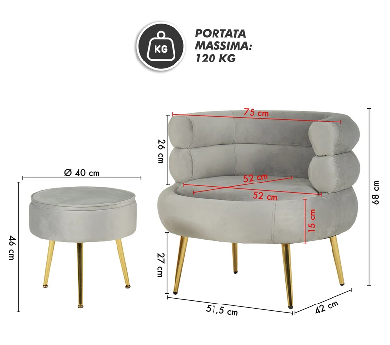 Poltrona Camera da Letto e Salotto in Velluto con Poggiapiedi Contenitore Il Gruppone