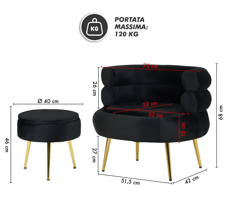 Poltrona Camera da Letto e Salotto in Velluto con Poggiapiedi Contenitore Il Gruppone