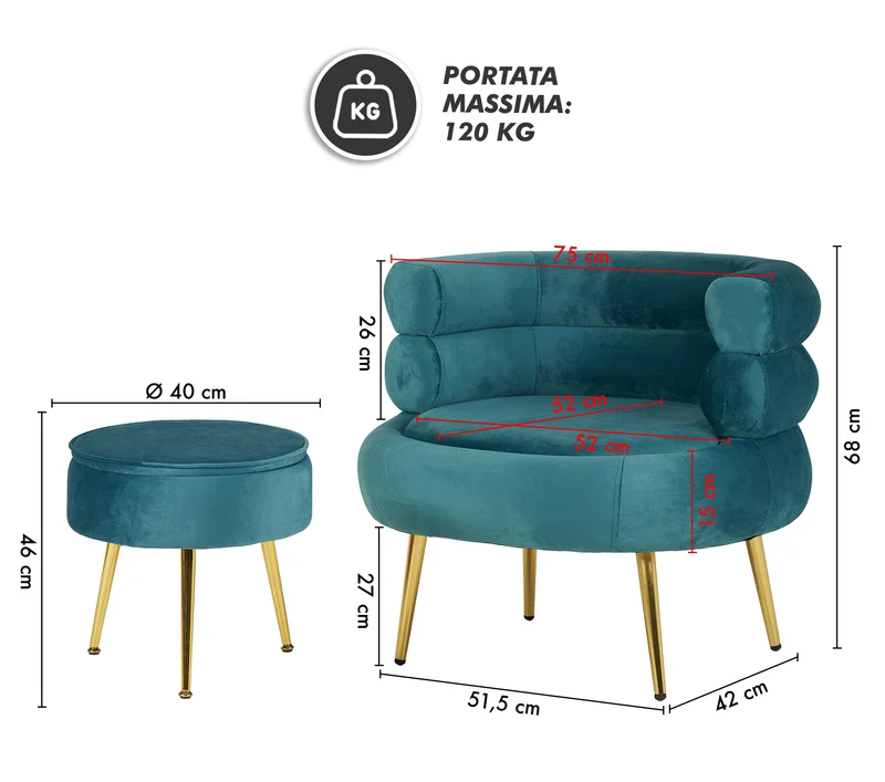 Poltrona Camera da Letto e Salotto in Velluto con Poggiapiedi Contenitore Il Gruppone