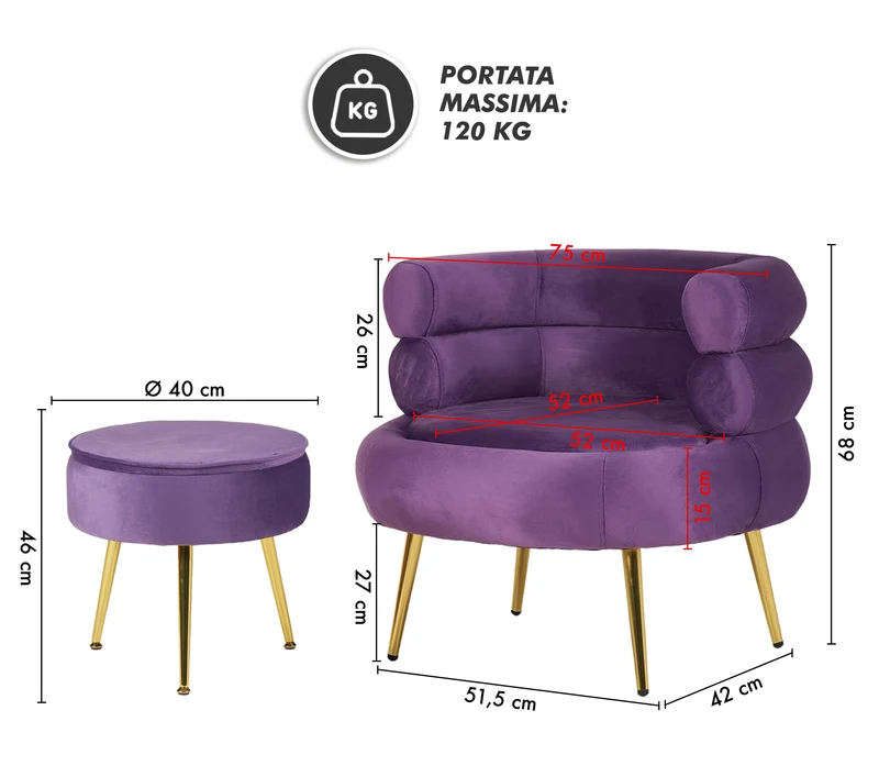 Poltrona Camera da Letto e Salotto in Velluto con Poggiapiedi Contenitore Il Gruppone