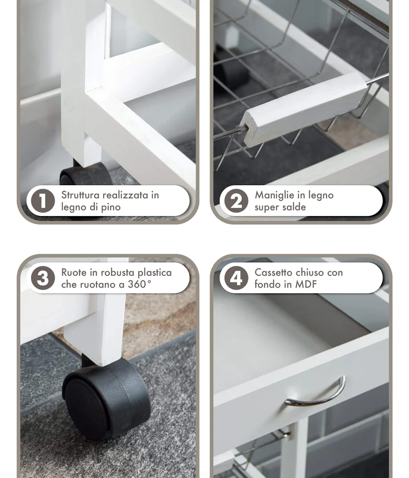 Carrello da Cucina in Legno con Ruote 3 Cesti Estraibili e Cassetto Bianco Il Gruppone
