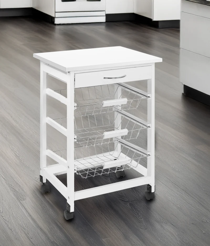 Carrello da Cucina in Legno con Ruote 3 Cesti Estraibili e Cassetto Bianco Il Gruppone