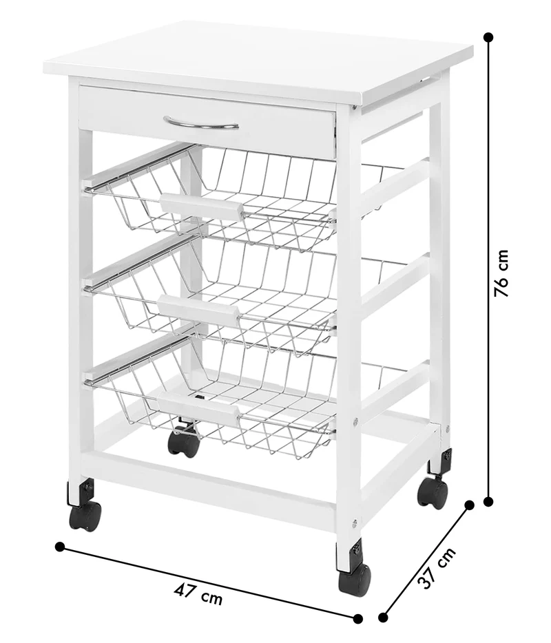 Carrello da Cucina in Legno con Ruote 3 Cesti Estraibili e Cassetto Bianco Il Gruppone