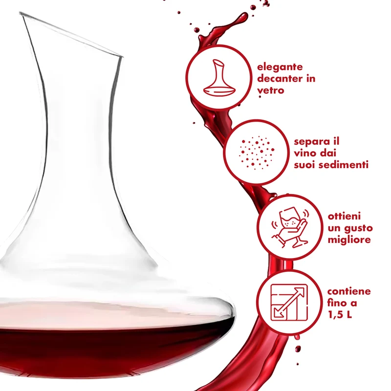 Decanter Per Vino In Vetro Molato 1.5 Litri Elegante Ampia Capienza Certificato Contatto Alimentare Ideale Anche Per Acqua Bibite Caraffa Trasparente Travaso Vigno