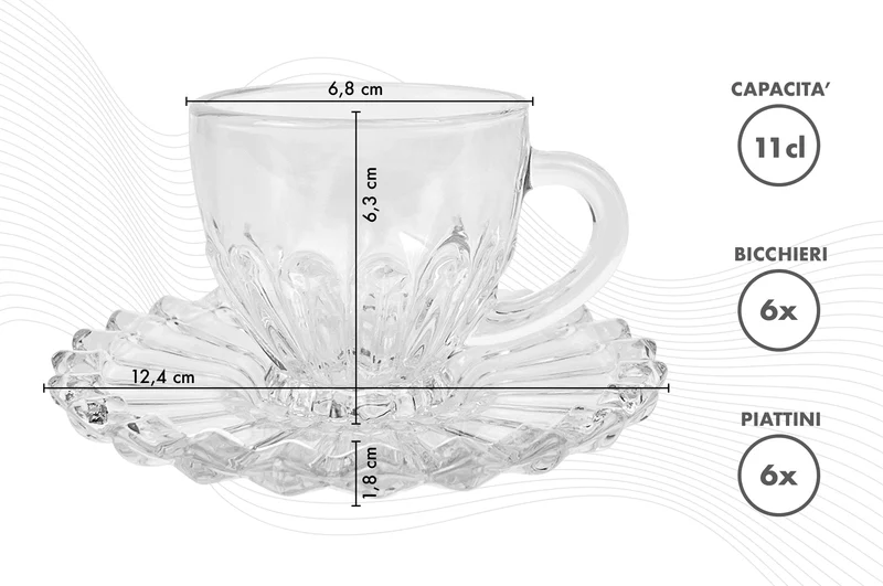 Set 6 Tazzine Caffè 110 ml in Vetro con Piattino Modello Lipsia Il Gruppone