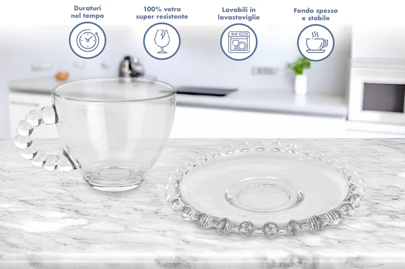 Set 6 Tazzine Tè Cappuccino 210 ml in Vetro con Piattino Eleganti Il Gruppone