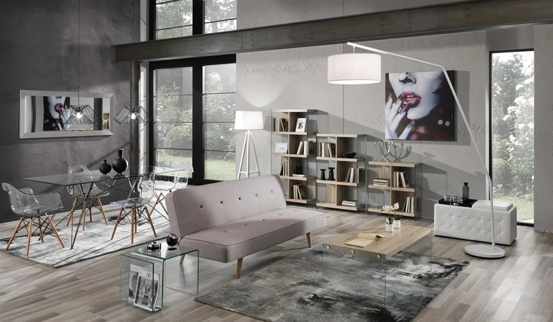 Tavolino moderno basso da salotto con piano in legno e gambe in vetro cm 110x55x43h