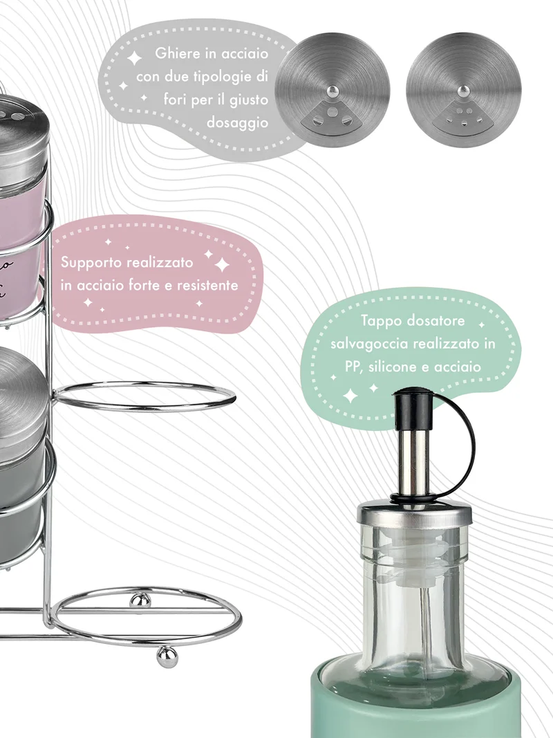 Set Condimento 4 Pezzi Olio Aceto Sale Pepe Vetro Acciaio Il Gruppone