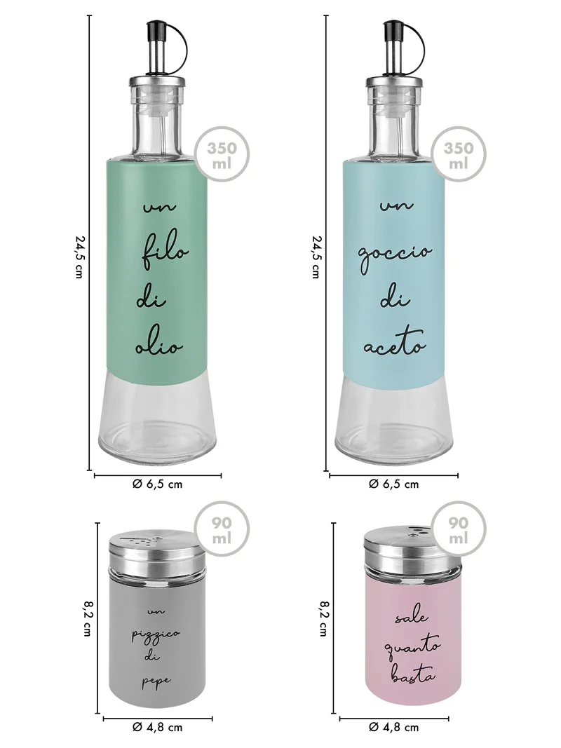 Set Condimento 4 Pezzi Olio Aceto Sale Pepe Vetro Acciaio Il Gruppone