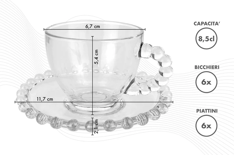 Set 6 Tazzine Caffè 85 ml in Vetro con Piattino Modello Amburgo Il Gruppone