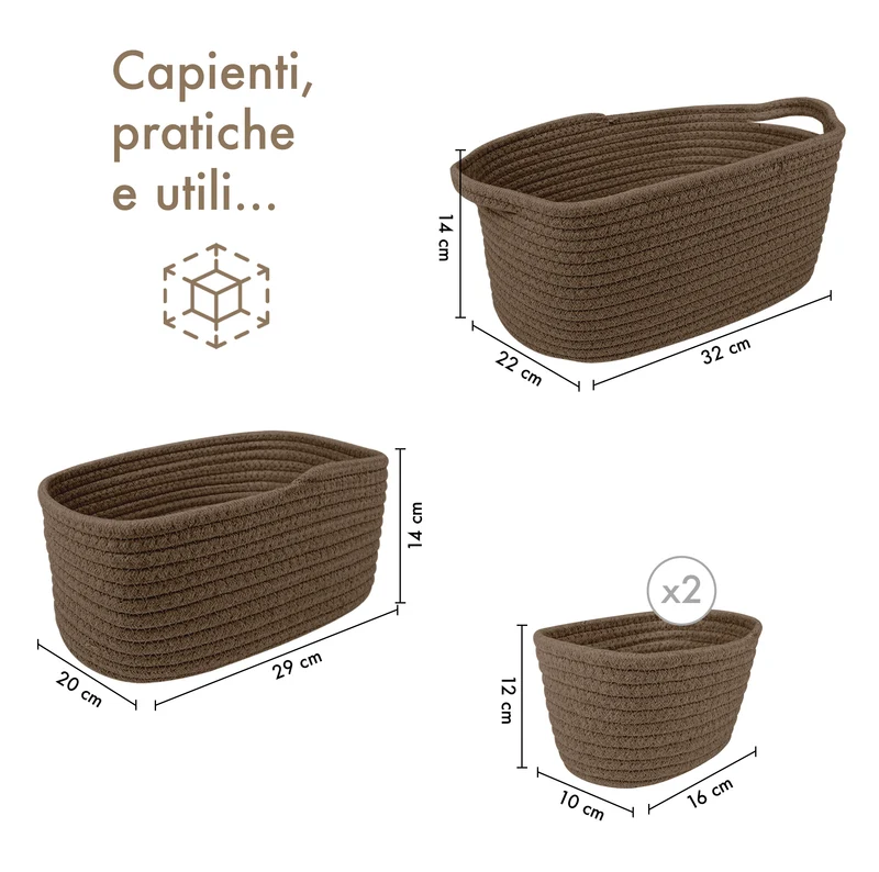 Set 4 Cestini in Corda di Cotone Tinta Unita Design Moderno ed Elegante Il Gruppone