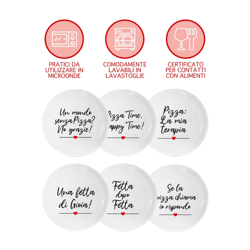 Set 6 Piatti Pizza Decorati con Scritte in Porcellana Ø31 cm Il Gruppone