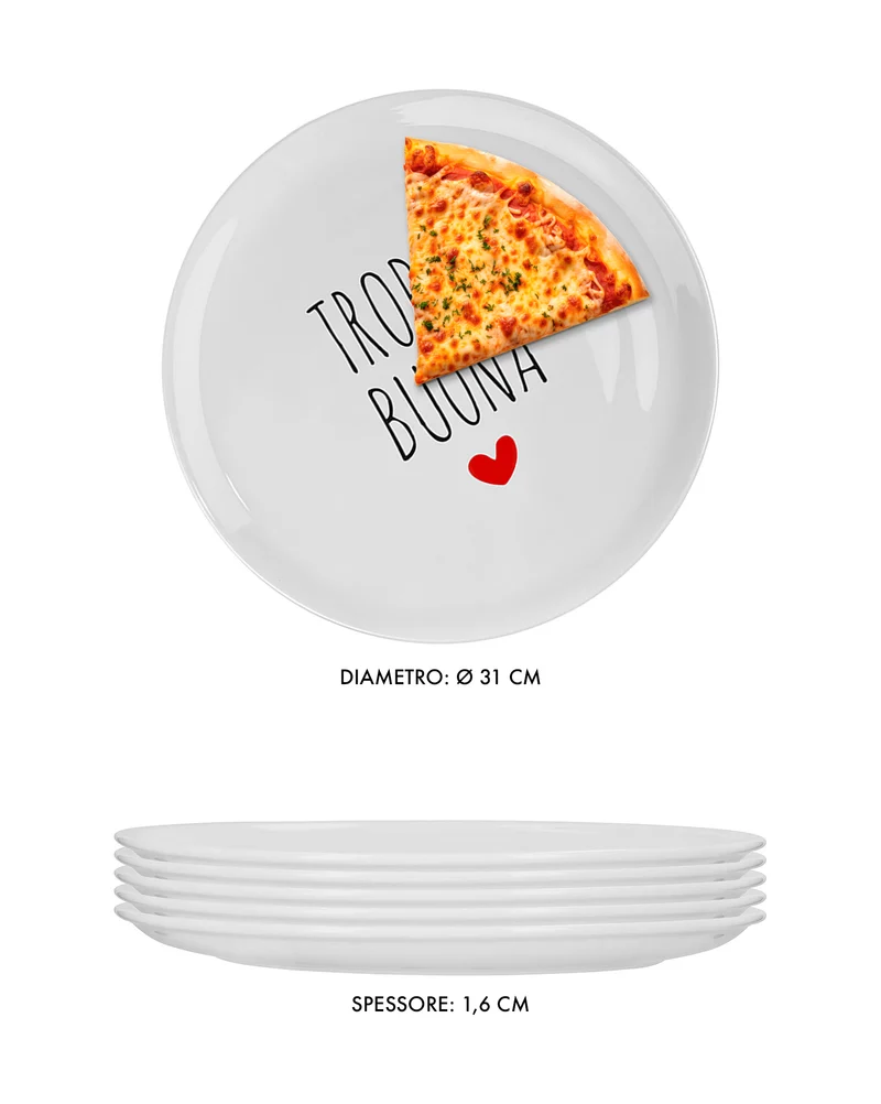 Set 6 Piatti Pizza Decorati con Scritte in Porcellana Ø31 cm Il Gruppone