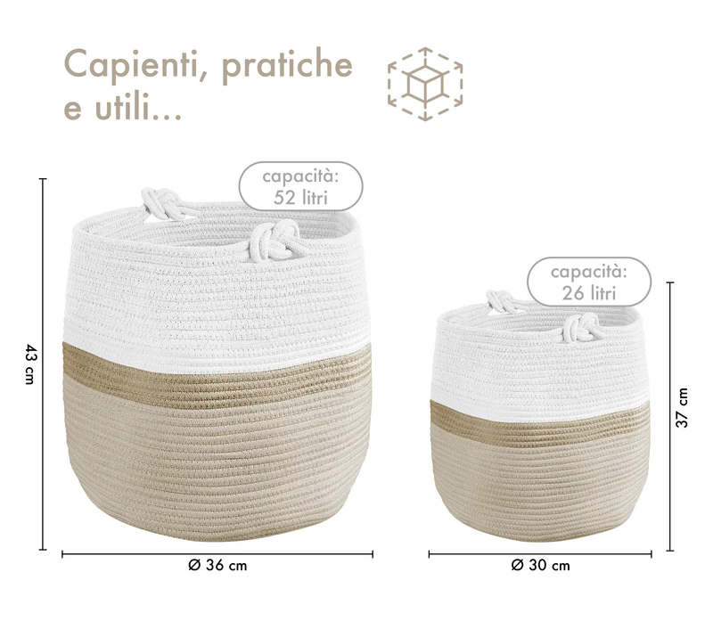 Set 2 Ceste Intrecciate in Corda XXL con Manici Pieghevoli Portaoggetti Il Gruppone