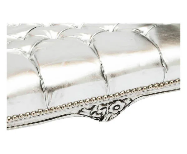 Divanetto barocco per camera da letto o salotto in legno ed ecopelle di colore argento cm 90x45x70h